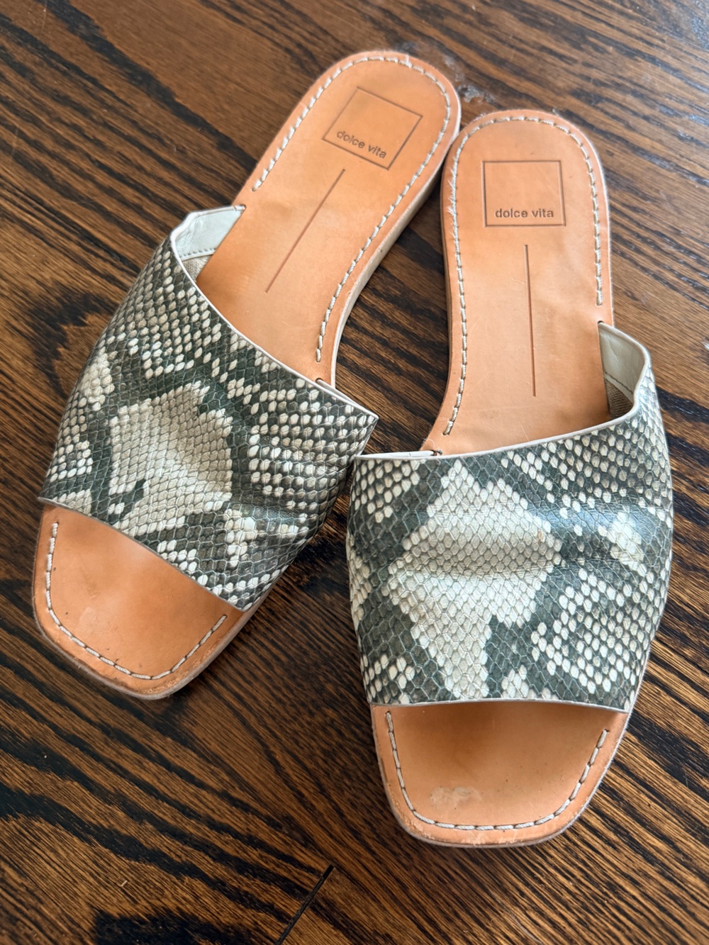 Dolce Vita Snake-Print Slide Sandals in Beige